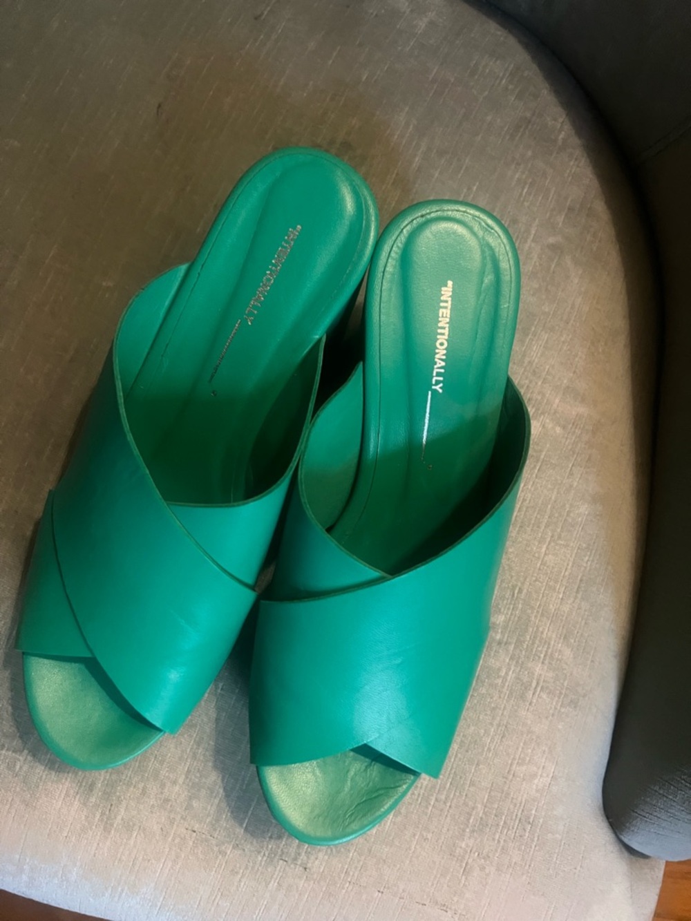 INTENTIONALLY BLANK Teal Green Cross-Strap Slide Mules